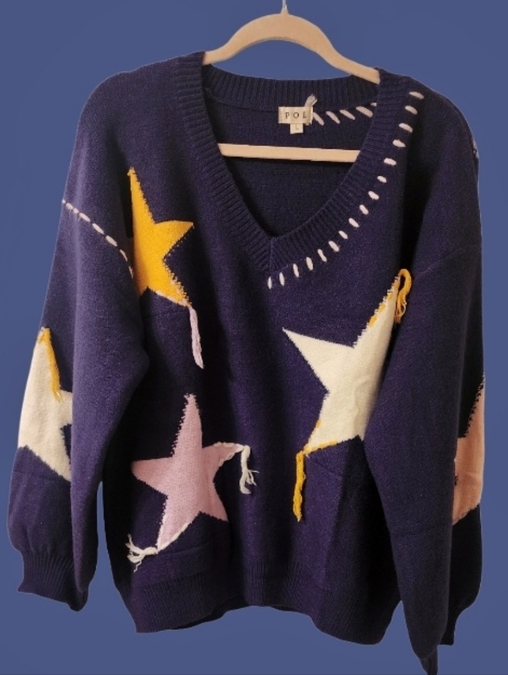 POL Navy V-Neck Sweater With Pink, Yellow & White Stars
